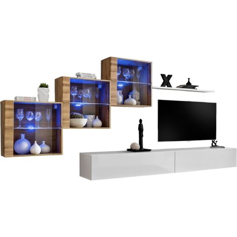 Wandkomposition SWITCH XX – Doppeltes TV-Möbel, LED verglaste Würfel und Regal – Hochglanz Weiß und Wotan Eiche – Modernes Design