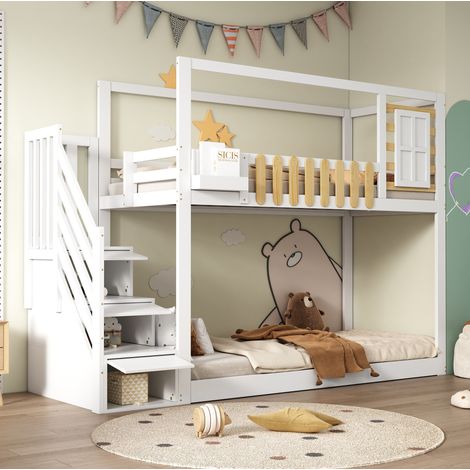 DESVIAE Lit superposé enfant avec escalier fenêtre et rangements garde corps en bois massif et MDF blanc et naturel 90 x 200 cm (1/5)