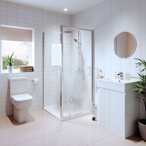 Bathroom Suite Pivot Shower Enclosure Vanity Unit Basin Sink Toilet WC 760mm (1/5)