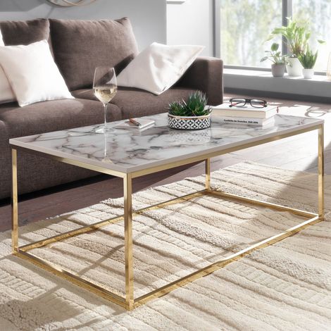 Table basse design 100x60x40 cm blanc marbré et doré (1/4)