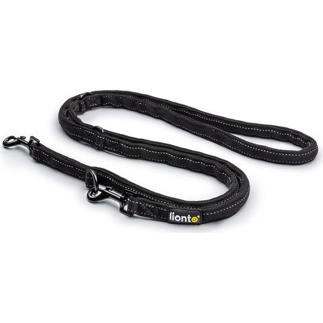 lionto Hundeleine, 3-fach verstellbare Multifunktionsleine aus Nylon, reflektierend 200 cm, mit 2 Edelstahlkarabinern, schwarz