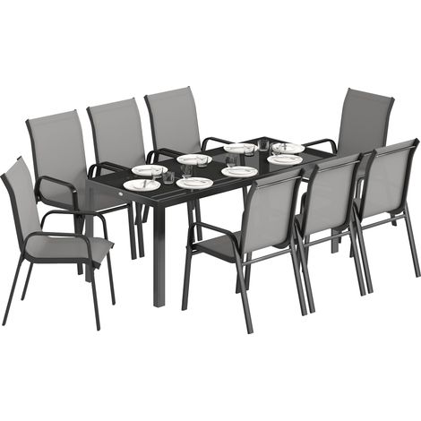 Ensemble de jardin 9 pièces comprenant 8 chaises empilables Textiline et une table basse avec plateau en verre, gris clair