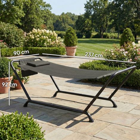 Hamac avec support 237 x 90 cm, barre d'écartement avec poche latérale, appui-tête, structure métallique, jusqu'à 150 kg (1/5)