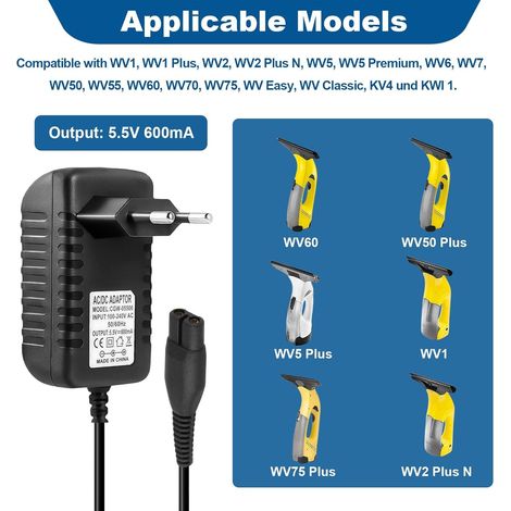 Chargeur pour Karcher Lave Vitre 5,5V 600 mA, Cable Alimentation Nettoyeur Vitre Compatible avec Kärcher WV2 WV1 WV50 WV60 WV70 WV75, Câble d'alimentation pour Laveur de Vitre 1,5 m (1/2)