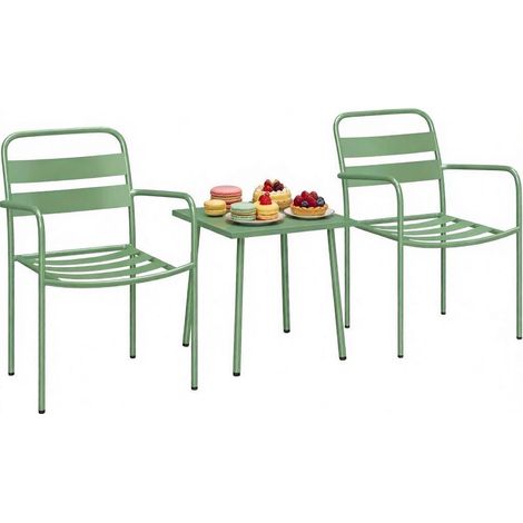 CHICFURN Salon de jardin bistrot 2 places vert avec table carrée en verre trempé, lot de 2 chaises avec accoudoirs, mobilier de jardin compact pour balcon terrasse (1/5)