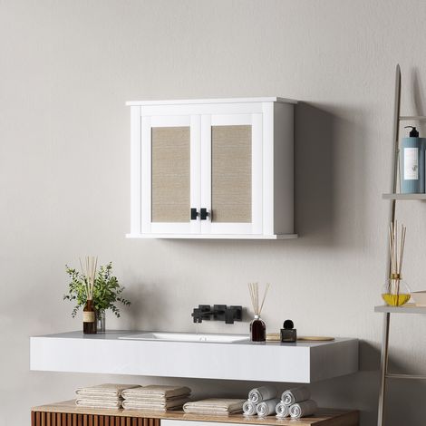 Armoire murale pour salle de bain meuble suspendu avec 2 portes en rotin PE étagère réglable 60x19.5x49.4 cm Blanc (1/5)