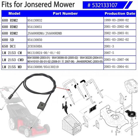 Câble de commande de zone moteur 532133107 - 155,7 cm (61-1/4 po) de long 133107 290-713 Fil de traction (1/4)