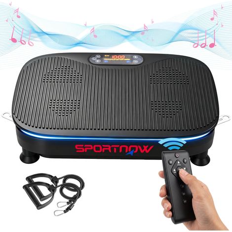 Plateforme vibrante avec 99 vitesses, 3 programmes, haut-parleur Bluetooth, écran LED, télécommande et bandes élastiques. (1/5)