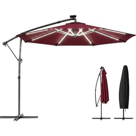 Outsunny 3 m Garden Cantilever Parasol with Solar Light, Rotation, Wine Red