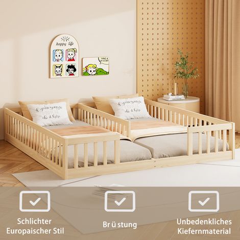 Lit de camp en panneaux de pin 90x200 cm,rampe de sécurité,base à lattes,style minimaliste naturel,pour deux enfants,sans matelas