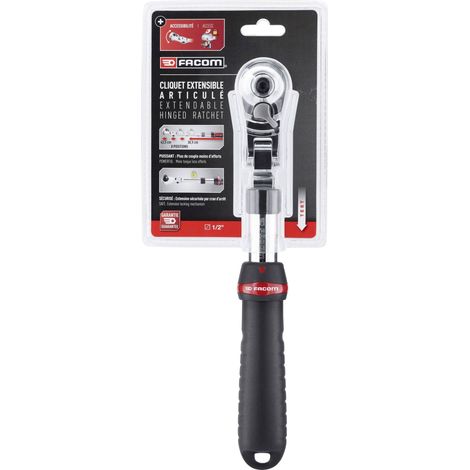 Facom – Clé à cliquet télescopique 1/2" – Longueur réglable 304-437 mm – 72 dents – Angle de reprise 5° – Mécanisme résistant à la poussière (1/6)