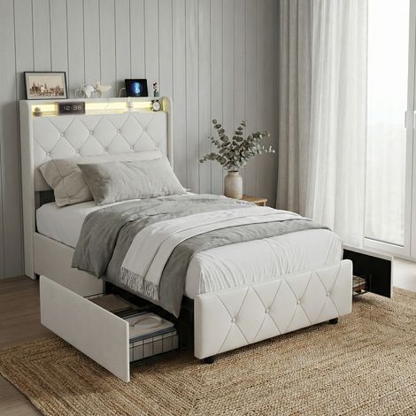 Bett mit 2 Schubladen 90x200, Kinderbett, gepolstertes Einzelbett mit LED und USB/Type-C Ladestation, Kopfteil mit Stauraum, Samt, Modern, Beige