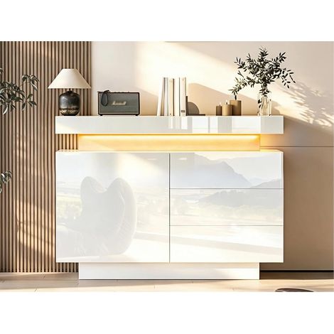 Buffet Blanc Brillant pour Salon avec Lumière à Télécommande, Commode avec Charnières Fermeture Douce, Armoire Living avec Anti-basculement pour Entrée et Salle à Manger, 80 x 35 x 73 cm