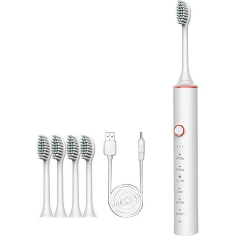 Brosse à dents électrique sonique douce rechargeable USB, blanche, pour femmes et hommes, haute efficacité. (1/5)