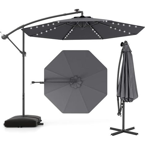 Parasol Déporté 3,5x3,5M, Parasol de Jardin Extérieur 40 LED Solaire avec 2 Sacs de Sable, Protection UV, Inclinable, Manivelle, Gris (1/5)