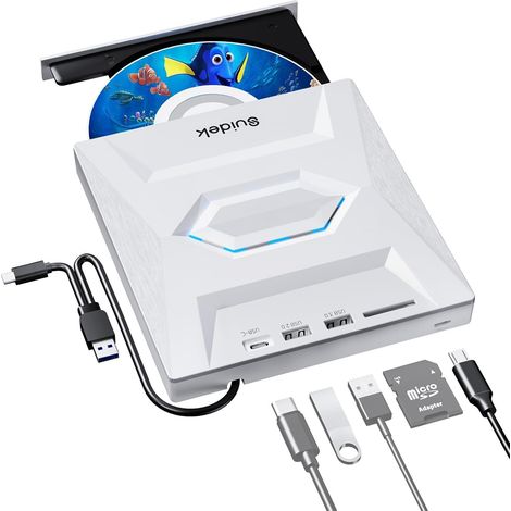 Lecteur CD DVD Externe, Lecteur CD Portable pour Ordinateur Portable, Graveur CD DVD +/-RW avec Lecteur de Carte SD, hub USB 3.0 Type C Compatible avec Ordinateur Portable Windows Linux