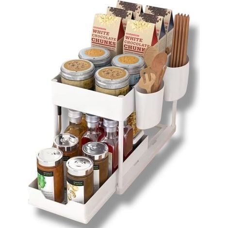 Étagère de rangement sous évier à deux niveaux, multifonctionnelle, blanche. (1/5)