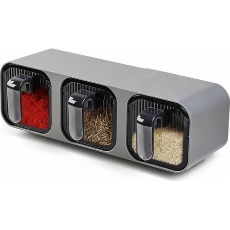 Organizador de especias con cucharas, transparente sin perforaciones, ideal para sal, azúcar y especias (3 compartimentos) (1/5)