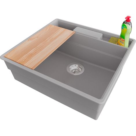 PRIMAGRAN Evier Cuisine en Granit 58x53cm,Lavabo 1 bac + Kit de Vidage + Accessoires, Évier à Encastrer au meuble 60cm - New York, Gris (1/5)