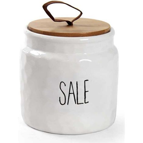 Barattolo da Cucina in Ceramica Bianca Sale con Tappo in Legno 14 cm (1/2)