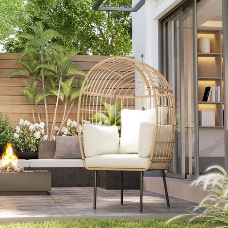 Sillón de ratán con forma de huevo y cojín extraíble, sillón de exterior de ratán de 95 x 80 x 155 cm, color beige. (1/5)