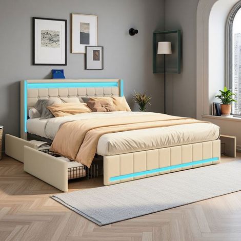 Cadre de lit double 140x190 cm, LED, USB, Scandinave, Lin, 140x190 cm, Beige