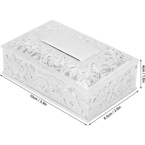 Boîte à bijoux vintage en alliage de zinc argenté, gravée élégante avec doublure en velours pour rangement sur table de coiffeuse ou étagère. (1/5)