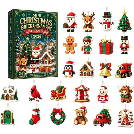Weihnachts-Baustein-Adventskalender 2026 – 24 Teile – mehrfarbig – Kunststoff – 8 cm flache Anhänger – Mini-Weihnachtsfiguren – Christbaumschmuck – geeignet für Weihnachten und als Dekoration im Innen (1/5)