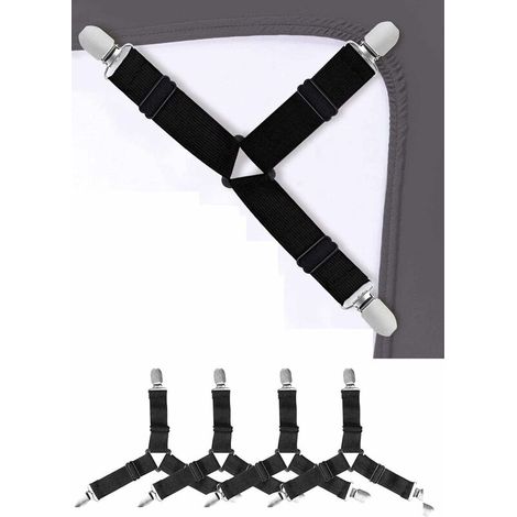 Sangle, ElingueTriangle Tendeur Drap Housse Lit Drap Réglable, Réglable élastiques Drap de Lit Attaches Triangle, Attache Drap Housse Triangle Attache, 4 Pièces (Noir) (1/5)