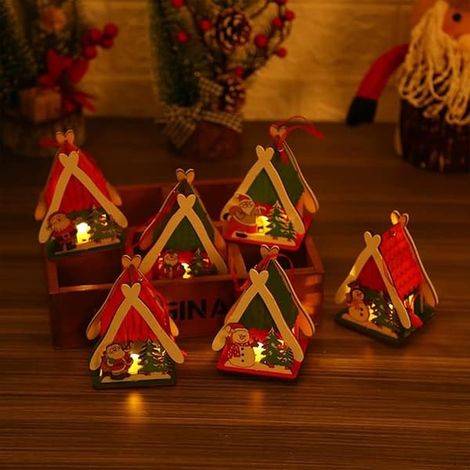 Ensemble de 6 figurines de village de Noël, maison en bois lumineuse de Noël avec figurines, illuminée par des LED (1/5)