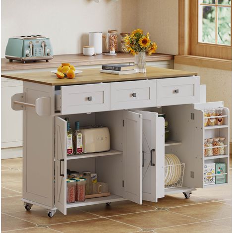 Isla de cocina (140x43(70)x90.5 cm), encimera abatible, gran almacenaje, MDF, blanco y natural (1/5)