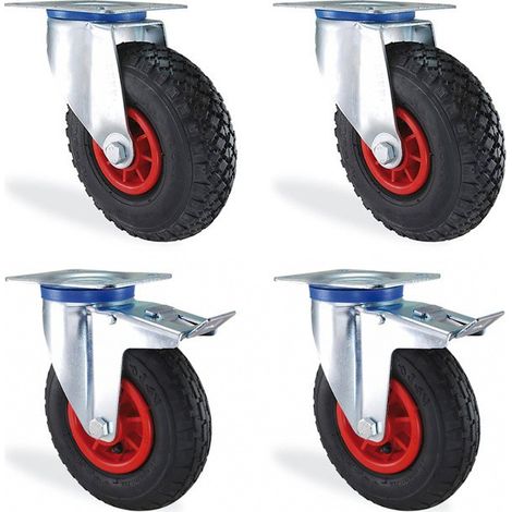Lot de 4 roulettes pivotantes 200mm – Charge 300kg – Gonflables avec frein – Pour matériel d'atelier – HTR