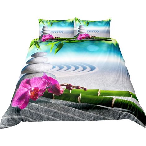 Parure de lit 220x240cm 2 personnes style de zen 3D effet 3 pieces 1 housse de couette avec 2 taies d'oreiller 63x63cm (1/4)
