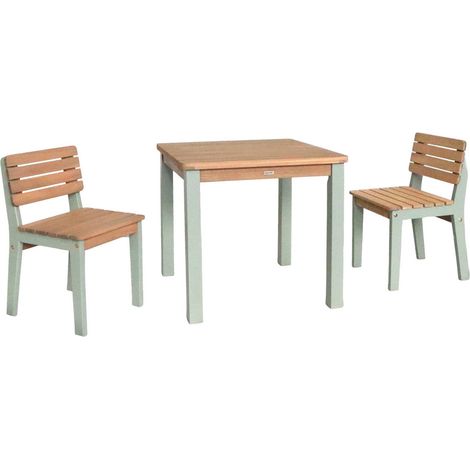 sweeek - Holztisch + 2 Stühle für Kinder für drinnen / draußen, Akazie, Graugrün