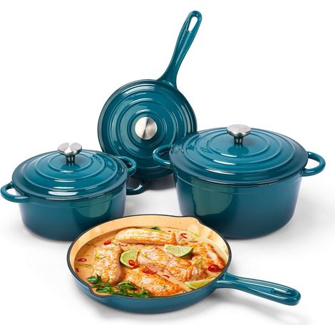 7 Piece Enamel Cast Iron Saucepan Set with Lid, Non-Stick, All Heat Sources and Induction Cookware Set with Organizer, Cyan (1/5)
