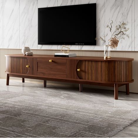 MODFU – Mobile TV 170x39,5x38 cm in MDF con cassetto, 2 ante scorrevoli, piedini in legno e maniglie dorate per salotto o camera – Noce (1/5)