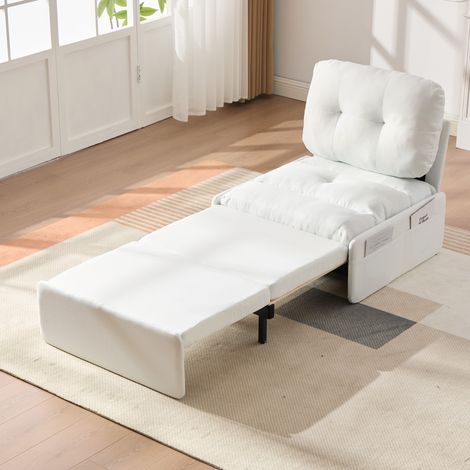 Sillón cama 81.5x195x90 cm blanco en lino con cama extraíble y bolsillos laterales (1/5)