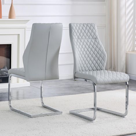 [Lot de 2] Chaises de salle à manger à motif losange gris clair : dossier haut + coussin d'assise confortable, structure en métal argenté, antidérapantes et durables, adaptées aux restaurants, etc. (1/5)