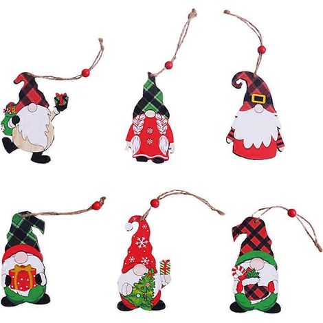 Lot de 6 pendentifs gnomes de Noël en bois, décorations à suspendre en forme de gnomes de Noël-10X5CM