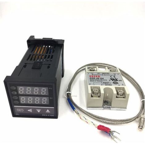 Régulateur de température intelligent REX-C100FK02-VDN avec relais statique SSR-40 DA, sonde thermocouple type K et dissipateur thermique pour contrôle industriel (1/5)