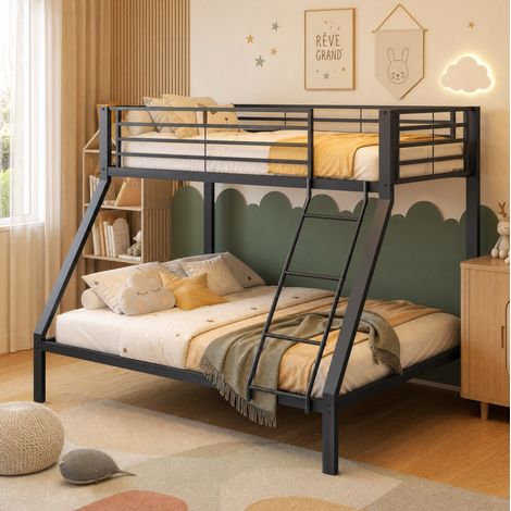 Litera 90/140 x 200 cm de metal negro con escalera reversible y protección anticaídas (1/5)
