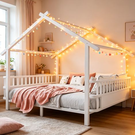 Lit cabane enfant 140x200cm avec cadre toit-garde-corps latéraux-sommier à lattes-sans matelas-Métal-Blanc