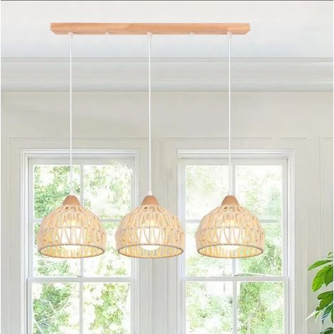 Suspension Luminaire Vintage Lustre  en Bois Rotin Blanc Abat-jour Design Cage E27 Plafonnier Rétro pour Salon Chambre (1/5)