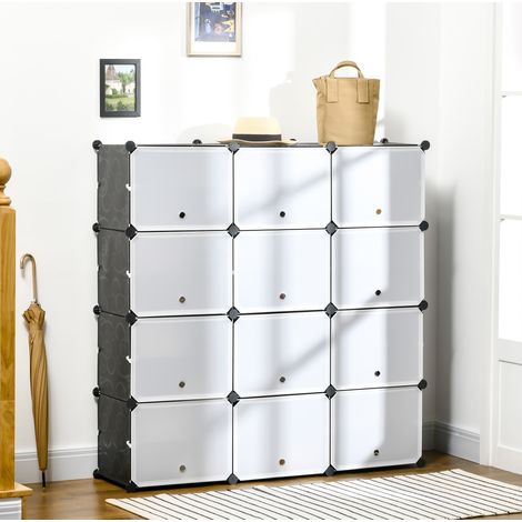 Zapatero modular de 12 cubos con puertas, plástico y acero, negro y blanco, 125 x 32 x 125 cm (1/5)