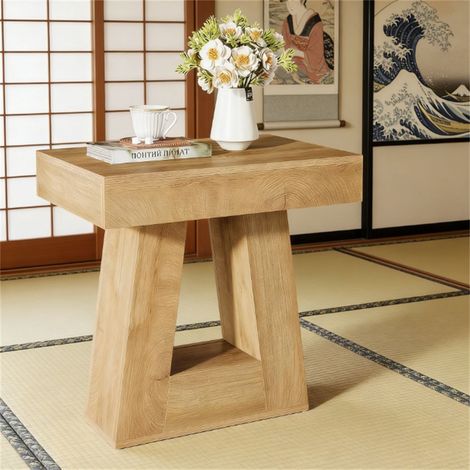 Table de chevet moderne à double plateau avec pied trapézoïdal en bois naturel, mobilier pour chambre à coucher (1/5)