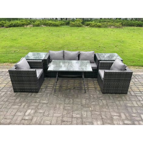 Fimous 5 Seater Rattan Outdoor Furniture Garden Dining Set with Oblong Dining Table 2 Armchairs 2 Side Tables Dark Grey Mixed (1/4)