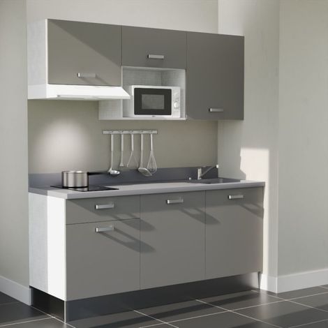 Kitchenette K30L - 180 cm - plan monobloc évier intégré Cromo- évier à droite - Façades Gris + Electroménager inclus coloris Blanc (1/5)
