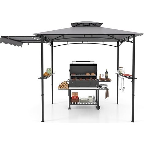 COSTWAY Gazebo per Barbecue, Pergola per BBQ con Tendalino Laterale, Tetto a Due Livelli, 2 Ripiani Laterali, Ganci Appesi, Apribottiglie, per Giardino, Cortile e Spiaggia, 318 x 153 x 250 cm (1/5)