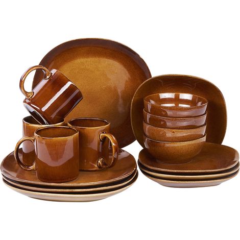 Conjunto de 16 piezas de gres marrón dorado 4 personas esmalte reactivo Turmeric