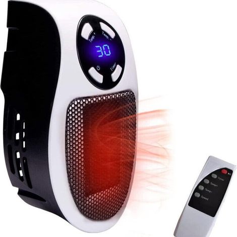 Chauffage d'appoint 350 W, prise murale déportée, comme à la télévision, avec thermostat réglable, minuterie et écran LED, compact pour bureau ou dortoir (1/4)